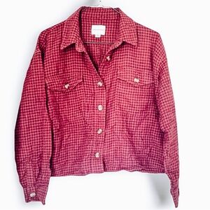 American Eagle Outfitters Red Cropped Plaid Flannel Button Down Shirt